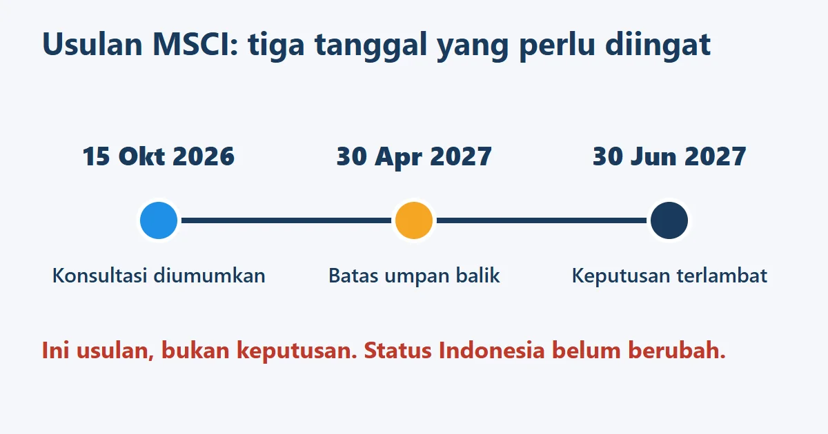 Lini masa usulan MSCI: konsultasi 15 Oktober 2026, batas umpan balik 30 April 2027, keputusan paling lambat 30 Juni 2027
